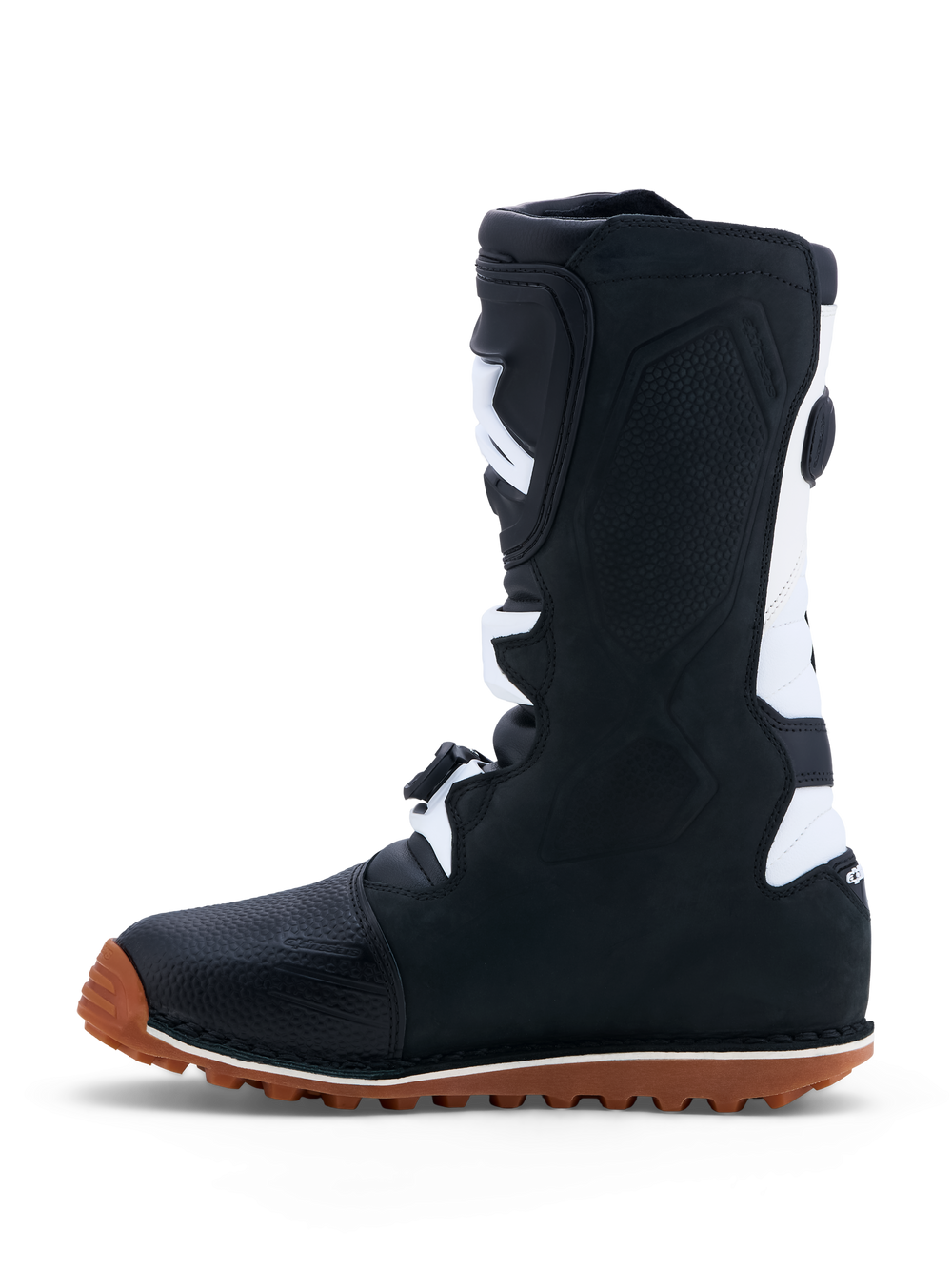 Alpinestars Tech-T Trials Boots in black and white leather, featuring a high-grip gum sole and CE certified protection.