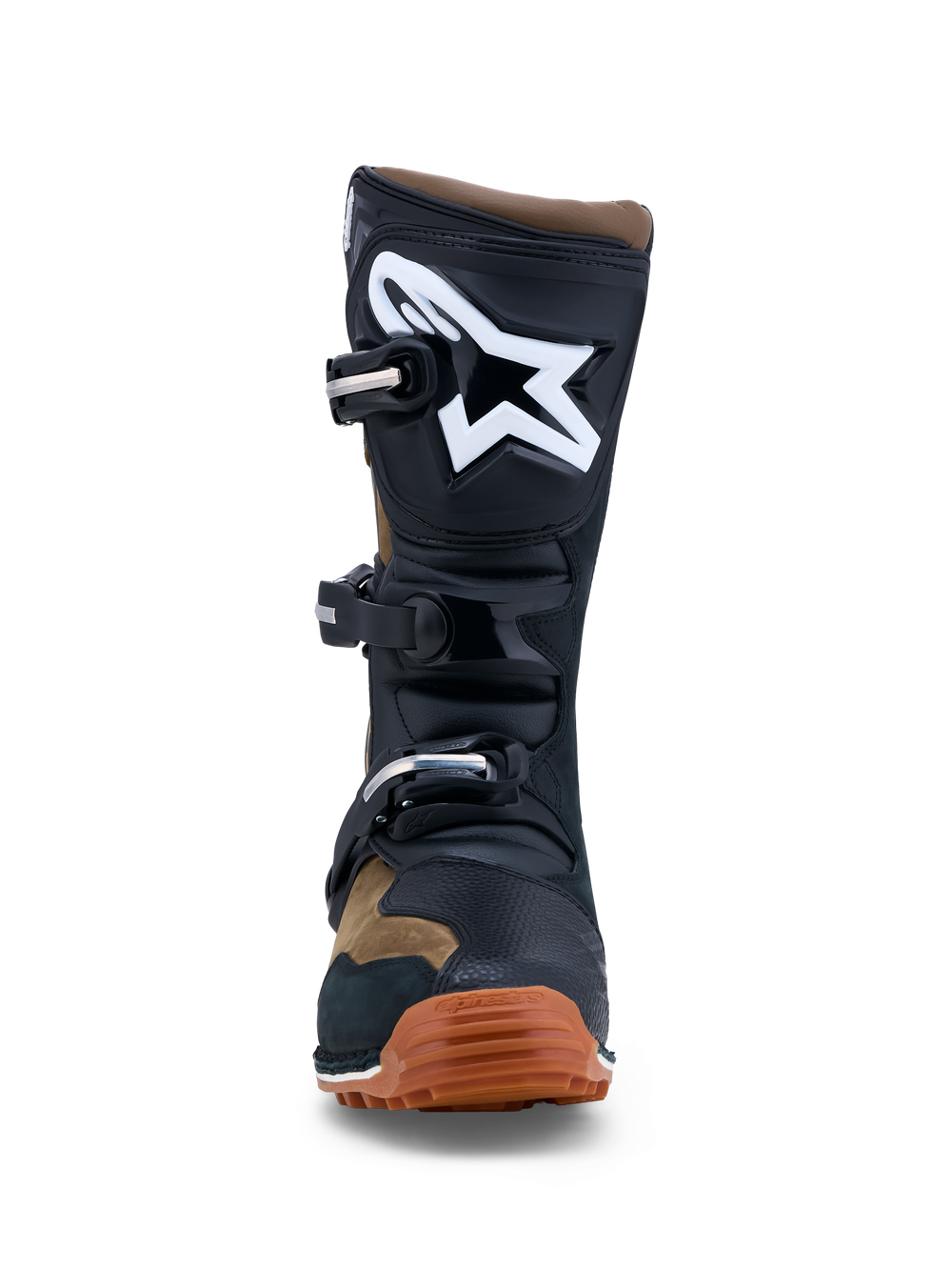 Alpinestars Tech-T Men's Trials Boots feature brown and black leather, white logo, TPU shin plate, and gum rubber sole.