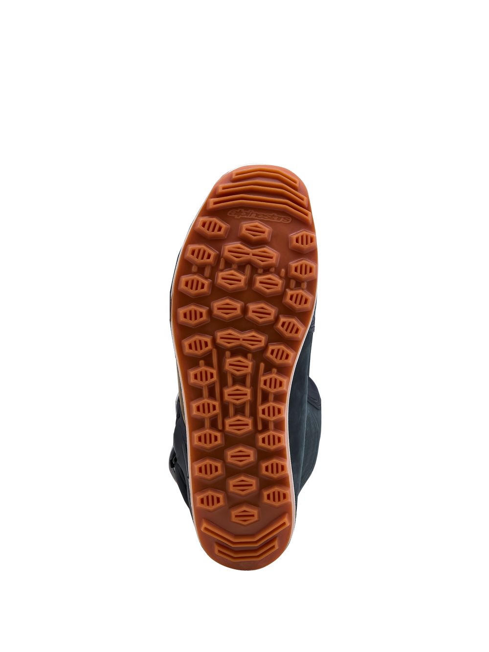 Alpinestars Tech-T Boots, high-grip brown gum rubber sole featuring a rough-terrain tread for trials riding.