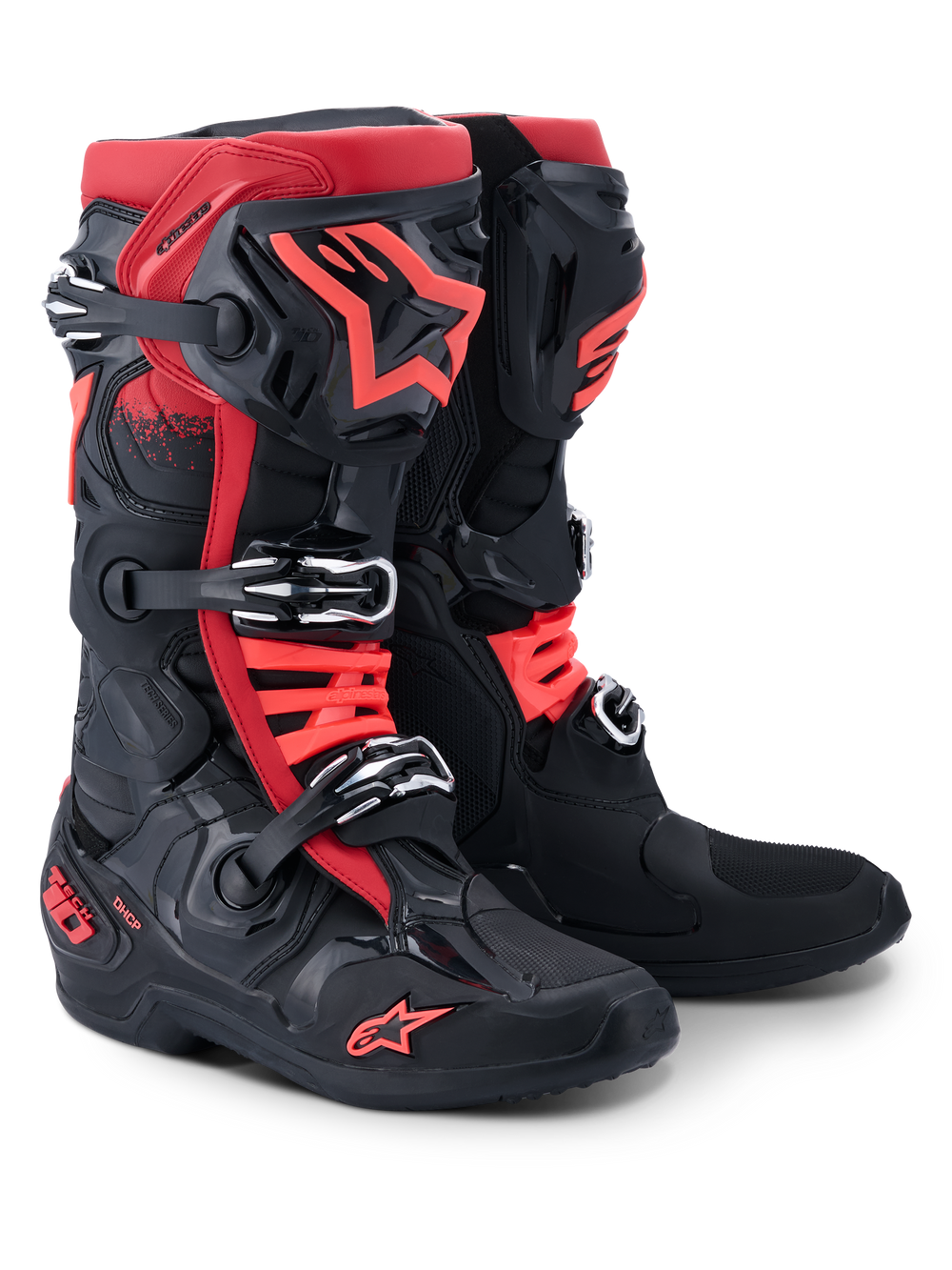 Alpinestars Tech 10 Boots, Motocross Boots, Black and Red, featuring a triple buckle closure system, red Alpinestars star logo on the shin and toe, DHCP branding on the heel, professional-grade protective design for off-road racing