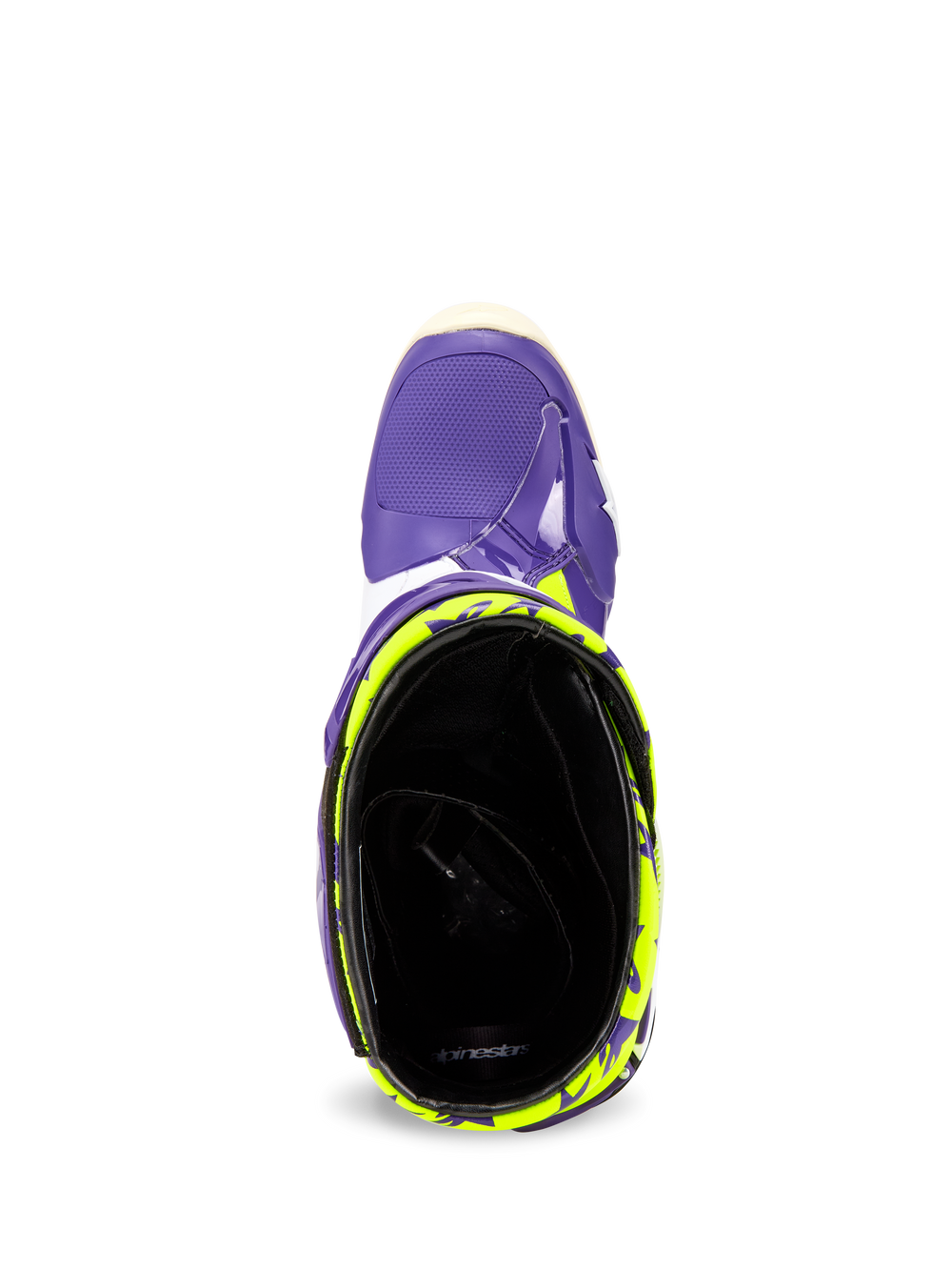 Alpinestars Tech 10 Dirt Studios® LE Boots, top-down view looking into the ankle opening, purple shell with fluo yellow patterns, black interior lining, high-performance motocross footwear.