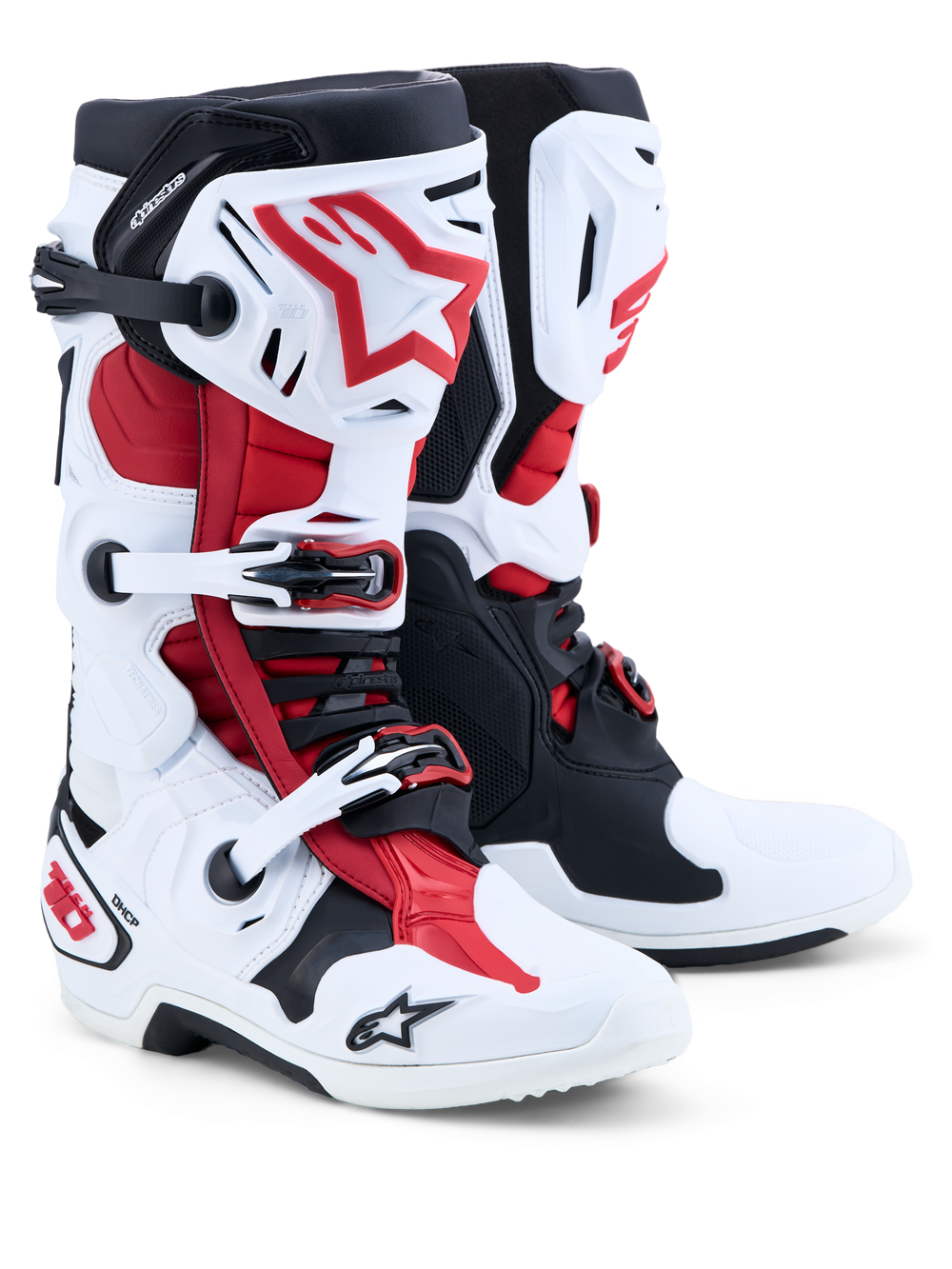 Alpinestars Tech-10 Motocross Boots, White, Black, and Bright Red, CE Certified with Frontal Flex Frame and TPU shell.