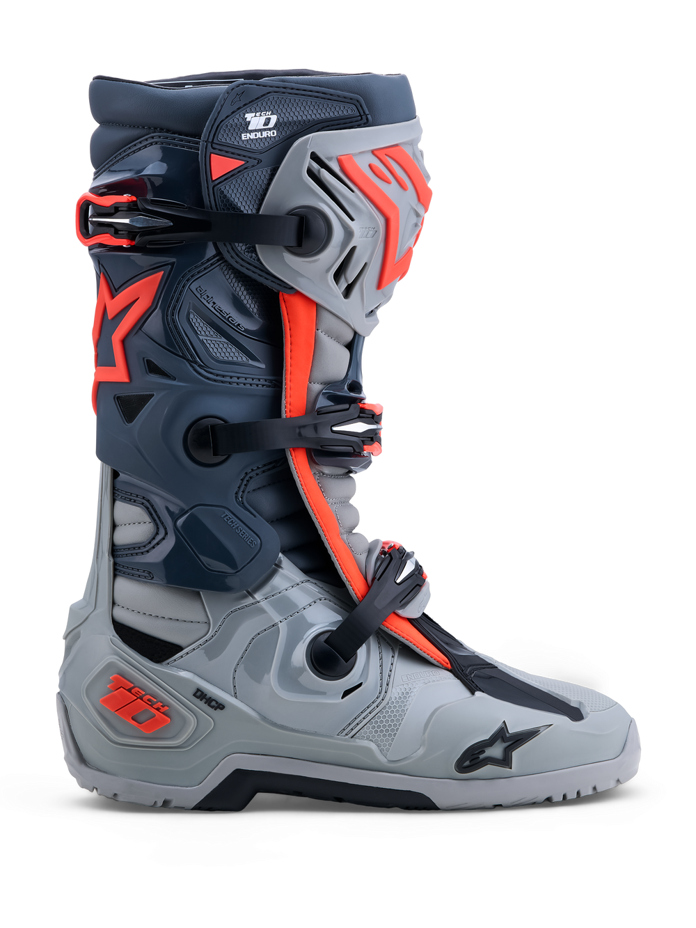 Alpinestars Tech-10 Enduro Boots, off-road racing footwear in gray and red fluo with DCHP and TPU protection.