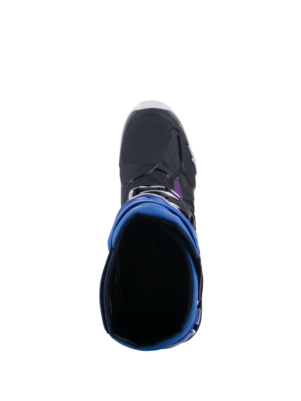 Alpinestars Tech 10 Supervented Boots, top-down view looking into the boot opening, Black Enamel Blue Purple White colorway, showing the 3D mesh lining and blue gaiter, high-performance motocross footwear