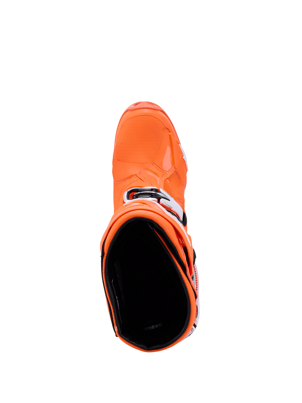 Alpinestars Tech 10 Supervented Boots, Orange Fluo Black White, top-down view looking into the boot interior, showing the textured toe box and side buckles, advanced motocross racing footwear