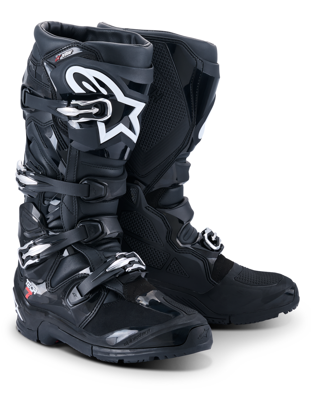Alpinestars 2026 Tech 7 Enduro Drystar® Boots, professional motocross and enduro boots, Black, featuring a four-buckle closure system, white Astar logo on the shin, rugged TPU protection panels, and a specialized sole for off-road grip.