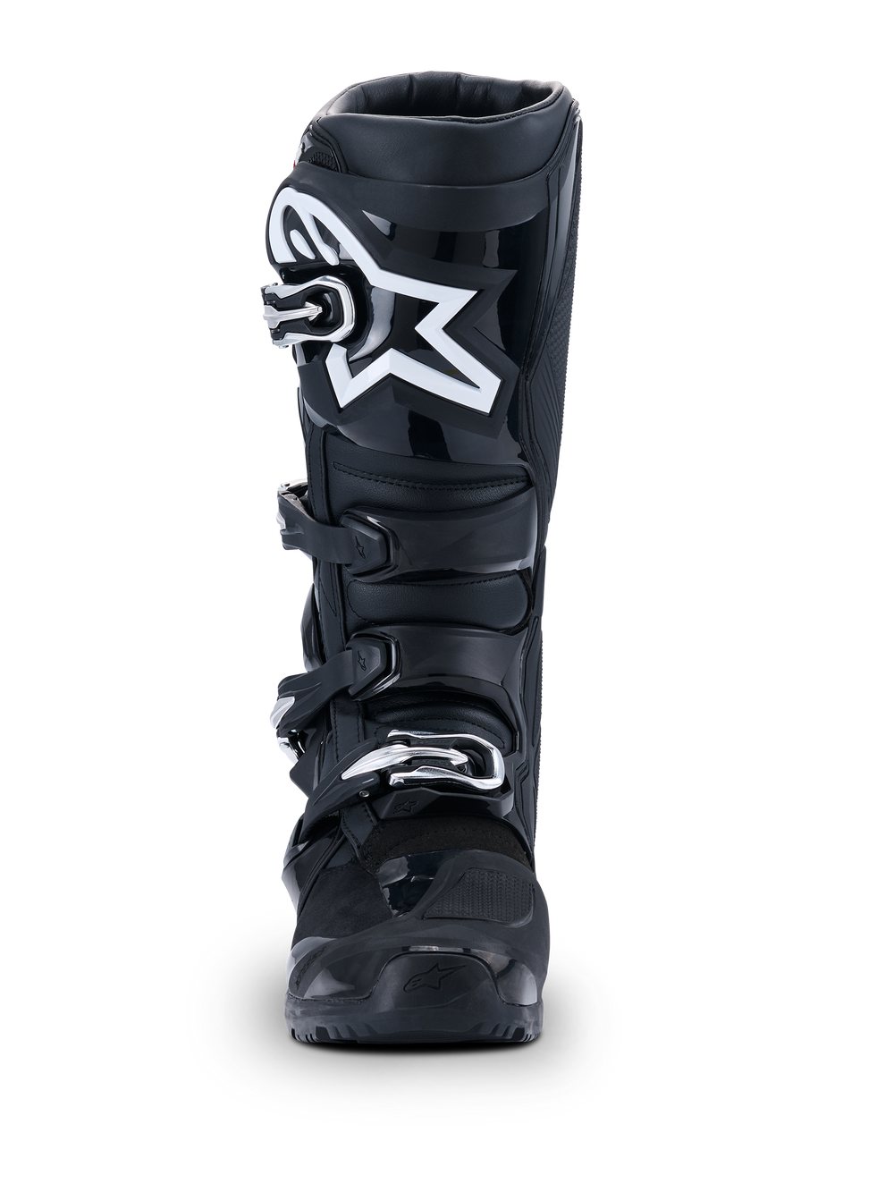 Alpinestars 2026 Tech 7 Enduro Drystar® Boots, Black Motocross Boots, front view, featuring a durable four-buckle closure system and prominent white star logo on the shin area, designed for off-road and enduro performance