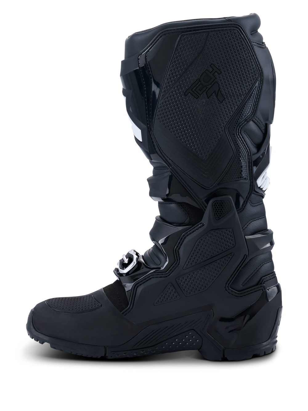 Alpinestars 2026 Tech 7 Enduro Drystar® Boots, Black, medial side profile view featuring extensive TPU shielding, dual-pivot system, and specialized textured grip panels for bike control, waterproof construction for off-road and enduro racing