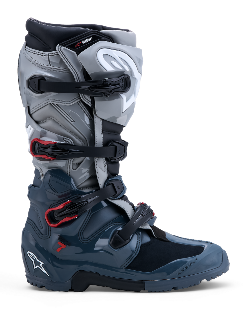 Alpinestars Tech 7 Enduro Drystar Boots, waterproof off-road motorcycle boots, Men's, Dark Gray, Mid Gray, and Red accents.