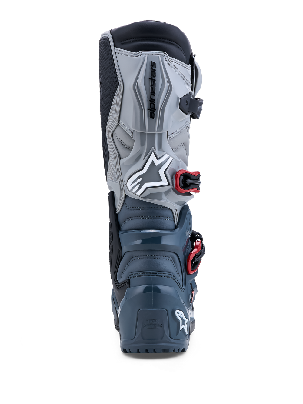 Alpinestars Tech 7 Enduro Drystar® Boots in Dark Gray and Red, waterproof off-road boots with TPU protection, rear view.