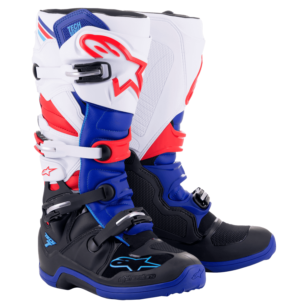Alpinestars Tech 7 Boots, Motocross Boots, Black Dark Blue Red and White, featuring a white upper with a red star logo, blue and black chassis, and a four-buckle closure system, high-performance off-road racing footwear