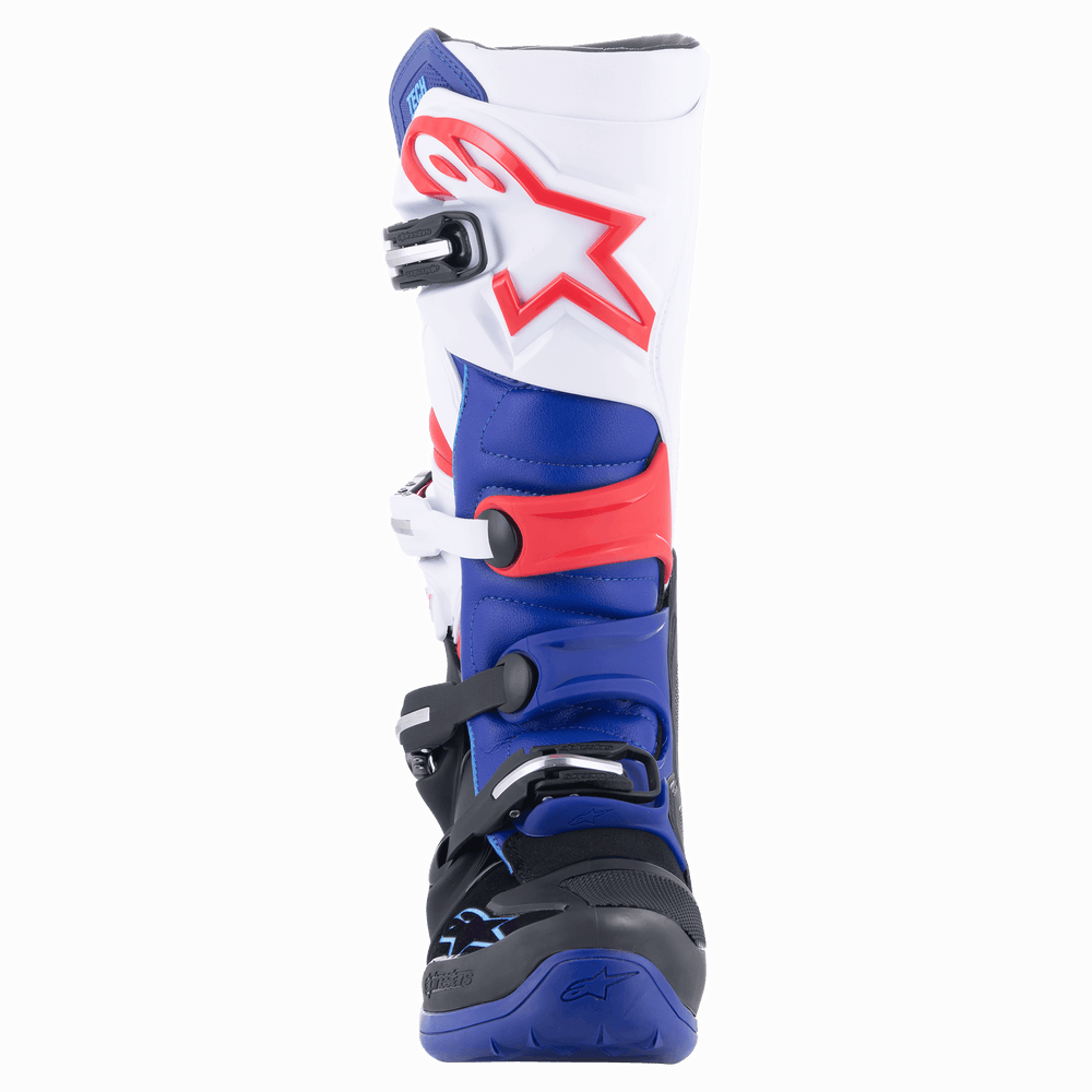 Alpinestars Tech 7 Boots, Motocross Boots, Black Dark Blue Red White, frontal view featuring multiple buckle closures, prominent red star logo on white upper, blue and black accents, durable protective footwear for off-road racing
