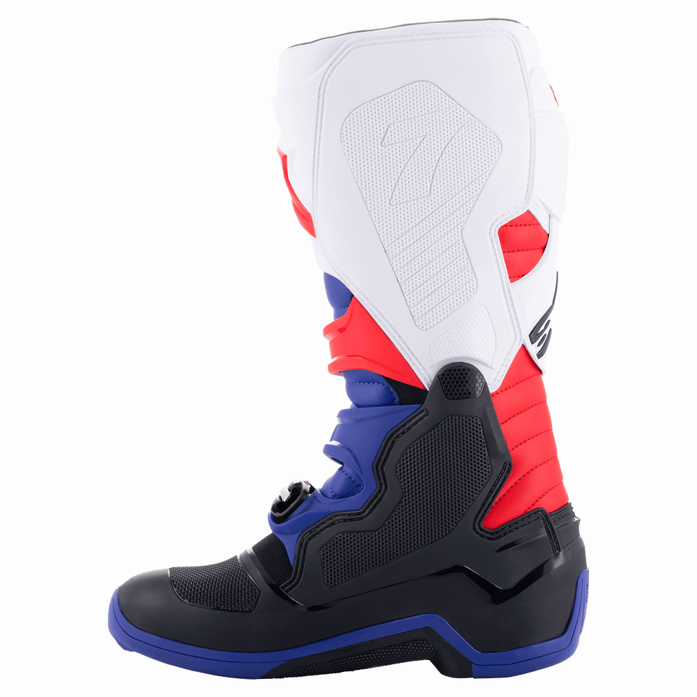 Alpinestars Tech 7 Boots, Motocross Boots, Black Dark Blue Red White, side profile view showing white shin plate with embossed '7', red and blue accents, and black protective chassis.