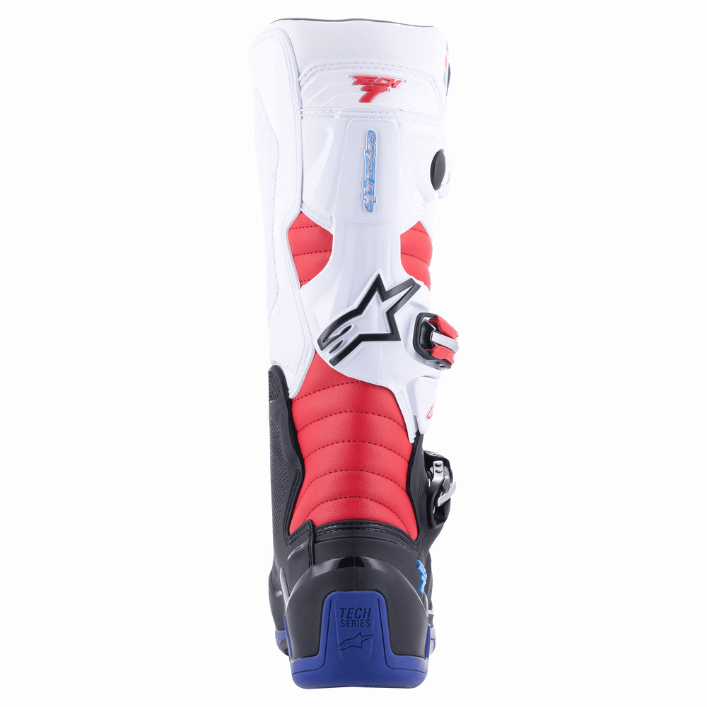 Alpinestars Tech 7 Boots, Motocross Boots, Black Dark Blue Red White, Rear view showing heel protection and red accordion flex zones, high-performance dirt bike footwear