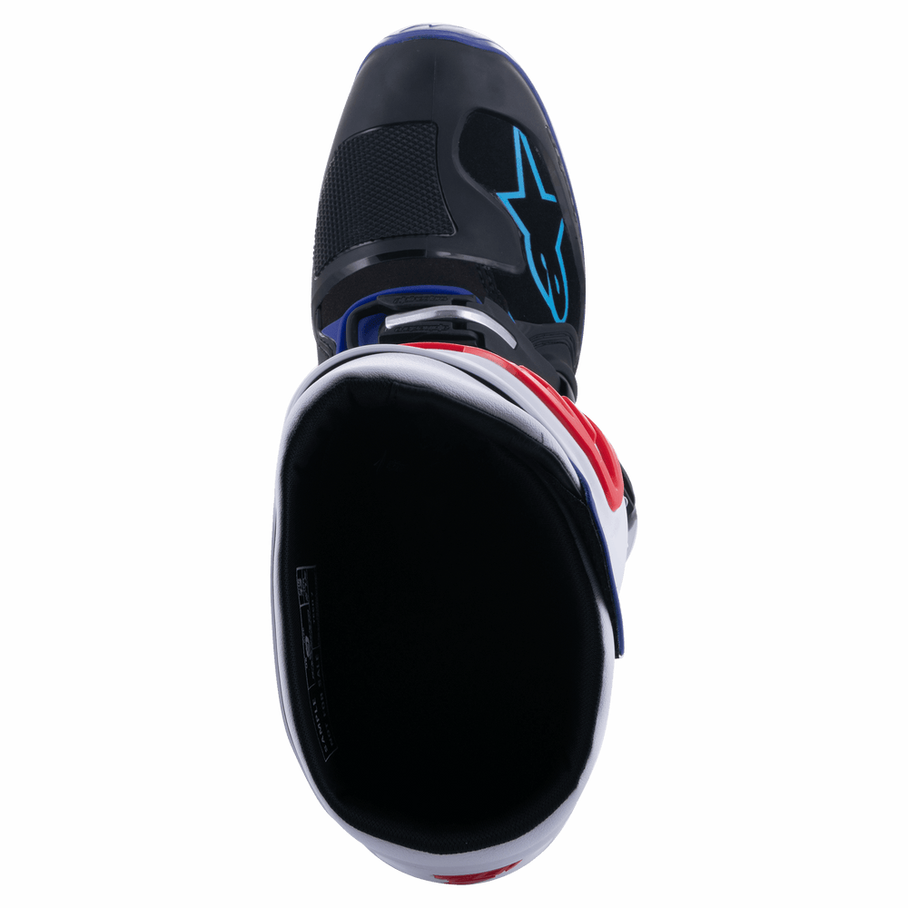 Alpinestars Tech 7 Boots, Motocross Boots, Black Dark Blue Red and White, top-down view looking into the boot opening, featuring a black interior, white collar with red accents, and blue logo on the toe