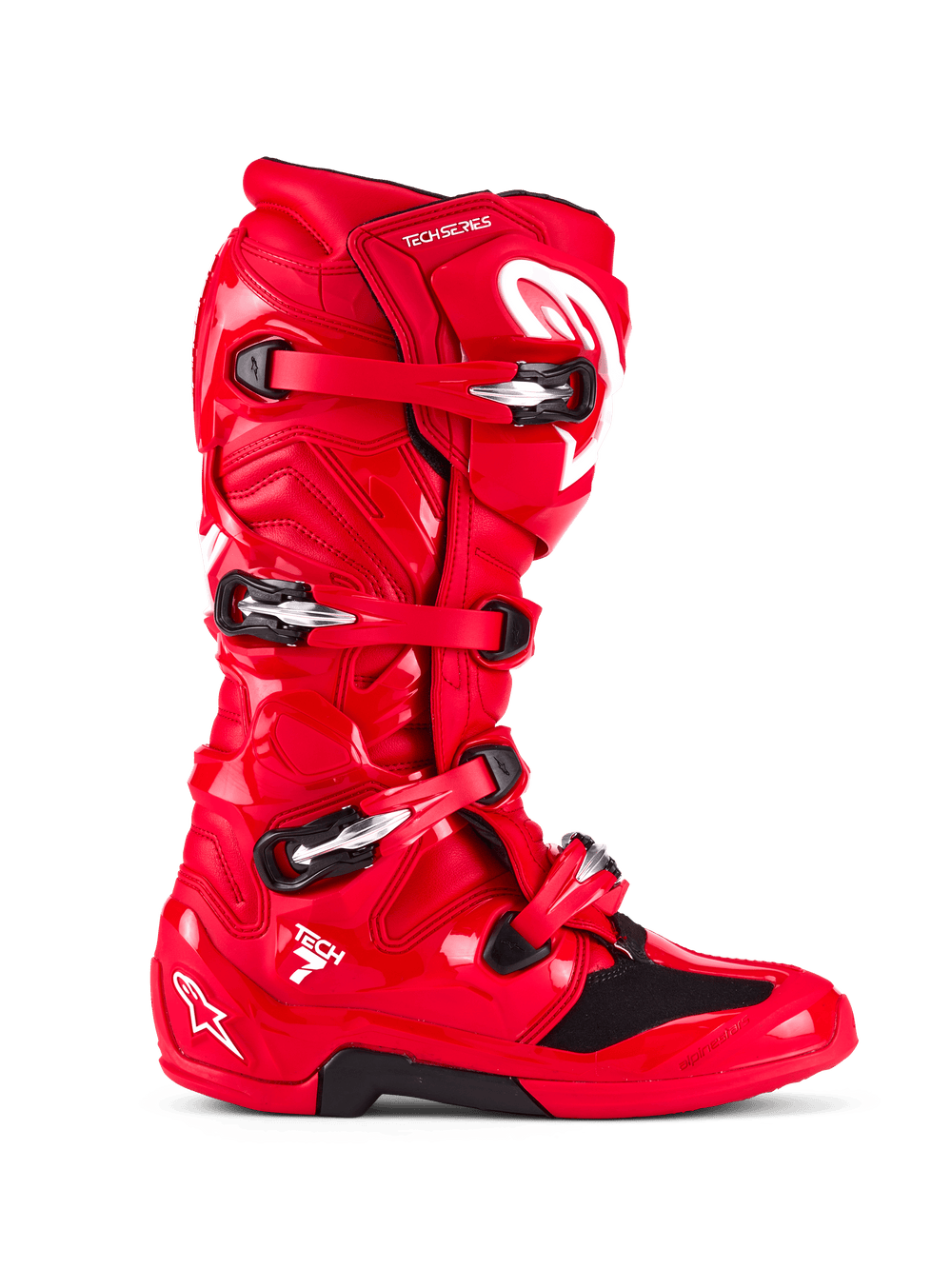 Alpinestars Tech 7 Boots, Motocross Boots, Bright Red, side profile view, featuring a four-buckle closure system, TPU protective shell, white Alpinestars logo and 
