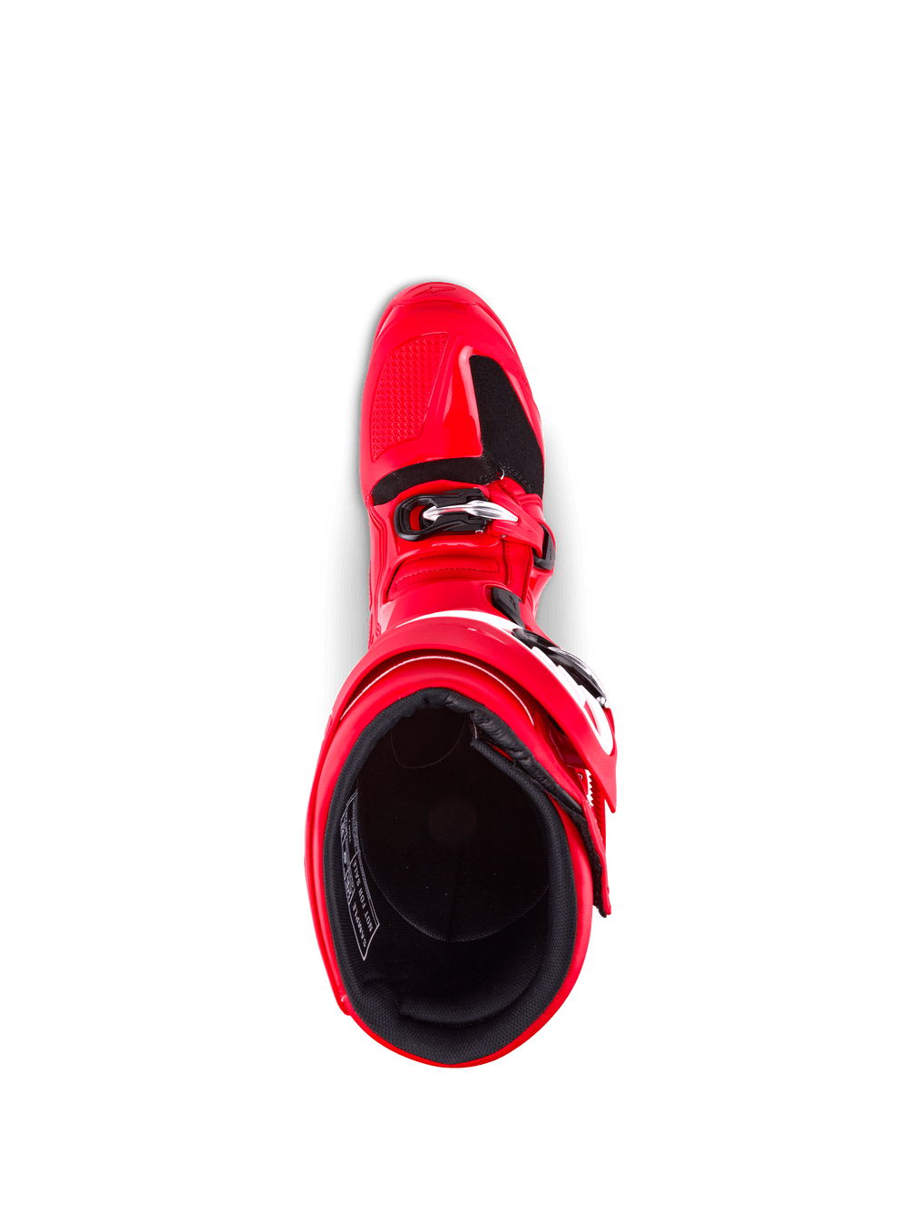 Alpinestars Tech 7 Boots, Motocross Boots, Bright Red, top-down view showing interior lining and buckle closure, durable TPU construction for off-road protection