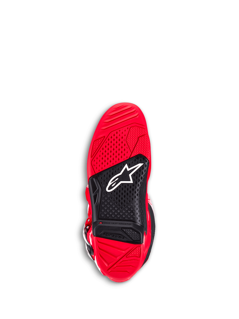 Alpinestars Tech 7 Boots, Motocross Boots, Bright Red, bottom view of the outsole, featuring red and black dual-compound rubber, textured grip for footpegs, white Astar logo, and a visible wear limit indicator.