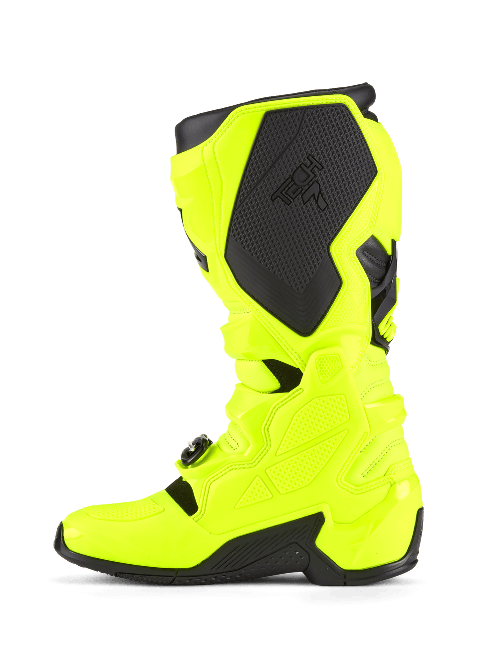 Alpinestars Tech 7 Boots, Motocross Boots, Yellow Fluo and Black, side profile view highlighting the TPU shell construction, buckle closure system, and black protective panels with branding, designed for durability and off-road racing