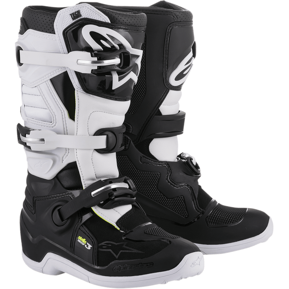 Alpinestars Women Stella Tech 3 Boots, Motocross Off-Road Boots, Black and White, featuring a three-buckle closure system, white TPU shin plates with Alpinestars branding, black microfiber upper with white panels, white soles, protective performance footwear for female riders