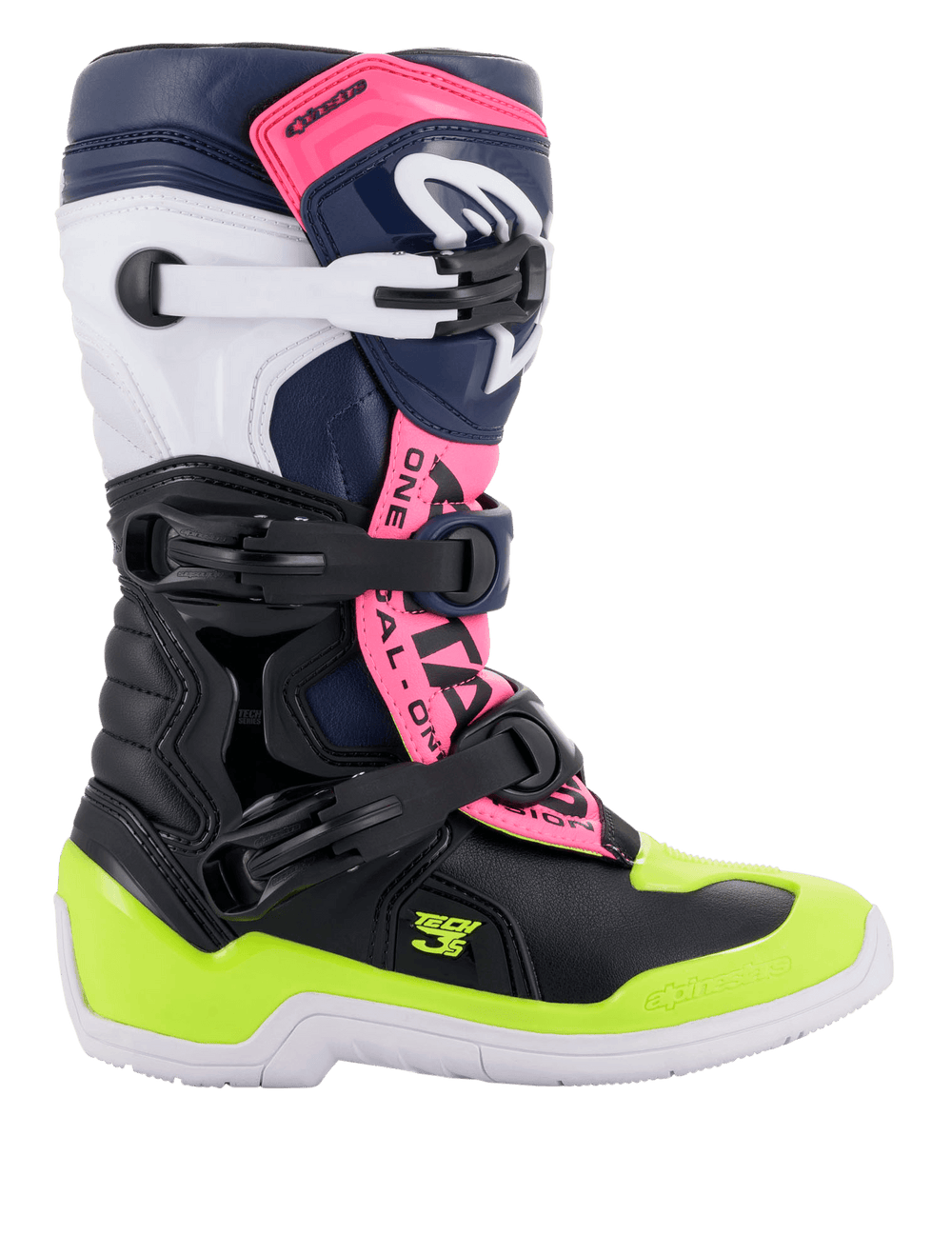 Alpinestars Youth Tech 3S Boots, Motocross Boots, Black, Dark Blue, Pink Fluo and Neon Yellow, featuring a three-buckle closure system, protective TPU shin plate, and durable construction for youth off-road racing