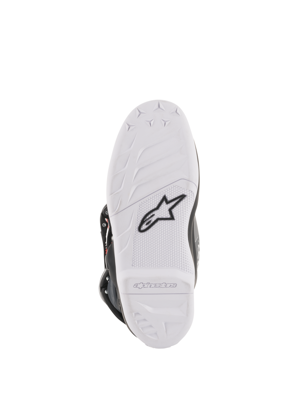 Alpinestars Youth Tech 7S Boots, Motocross Boots, bottom sole view in white, featuring black Alpinestars star logo and embossed branding, durable compound construction with high-performance grip pattern