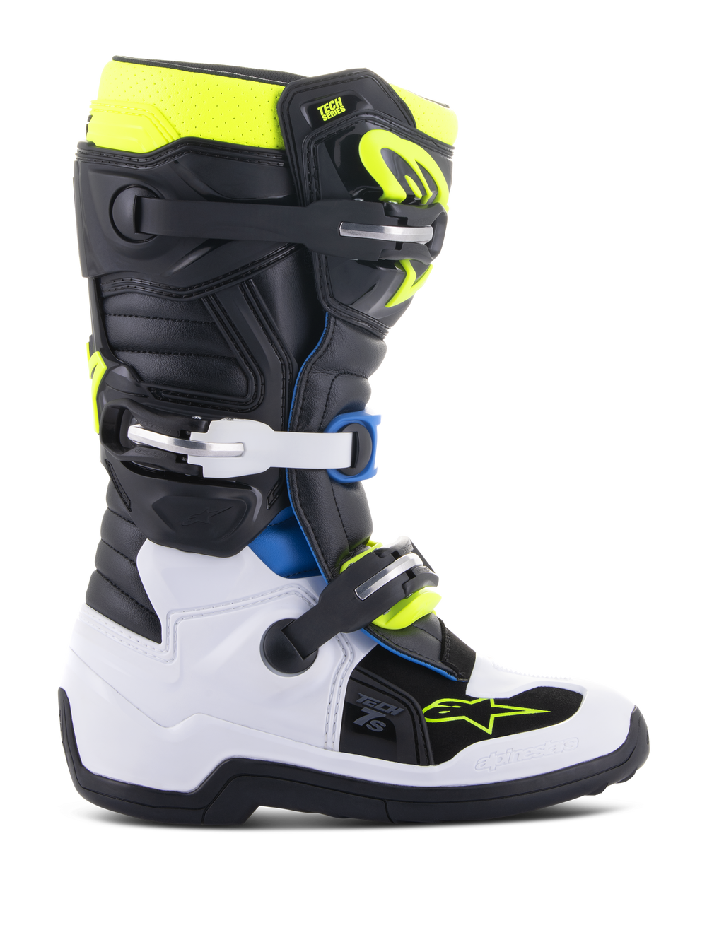 Alpinestars Youth Tech 7S Boots, Motocross Boots, Black Enamel Blue and Fluorescent Yellow, featuring a white lower foot shell, black upper with vibrant accents, buckle closure system, and durable off-road construction for junior riders