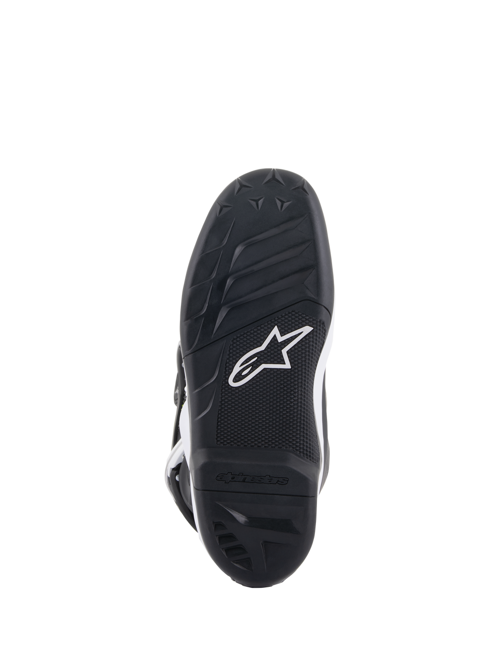 Alpinestars Youth Tech 7S Boots, Bottom Sole View, Black rubber with textured grip pattern and white Alpinestars logo, durable compound construction for youth motocross.