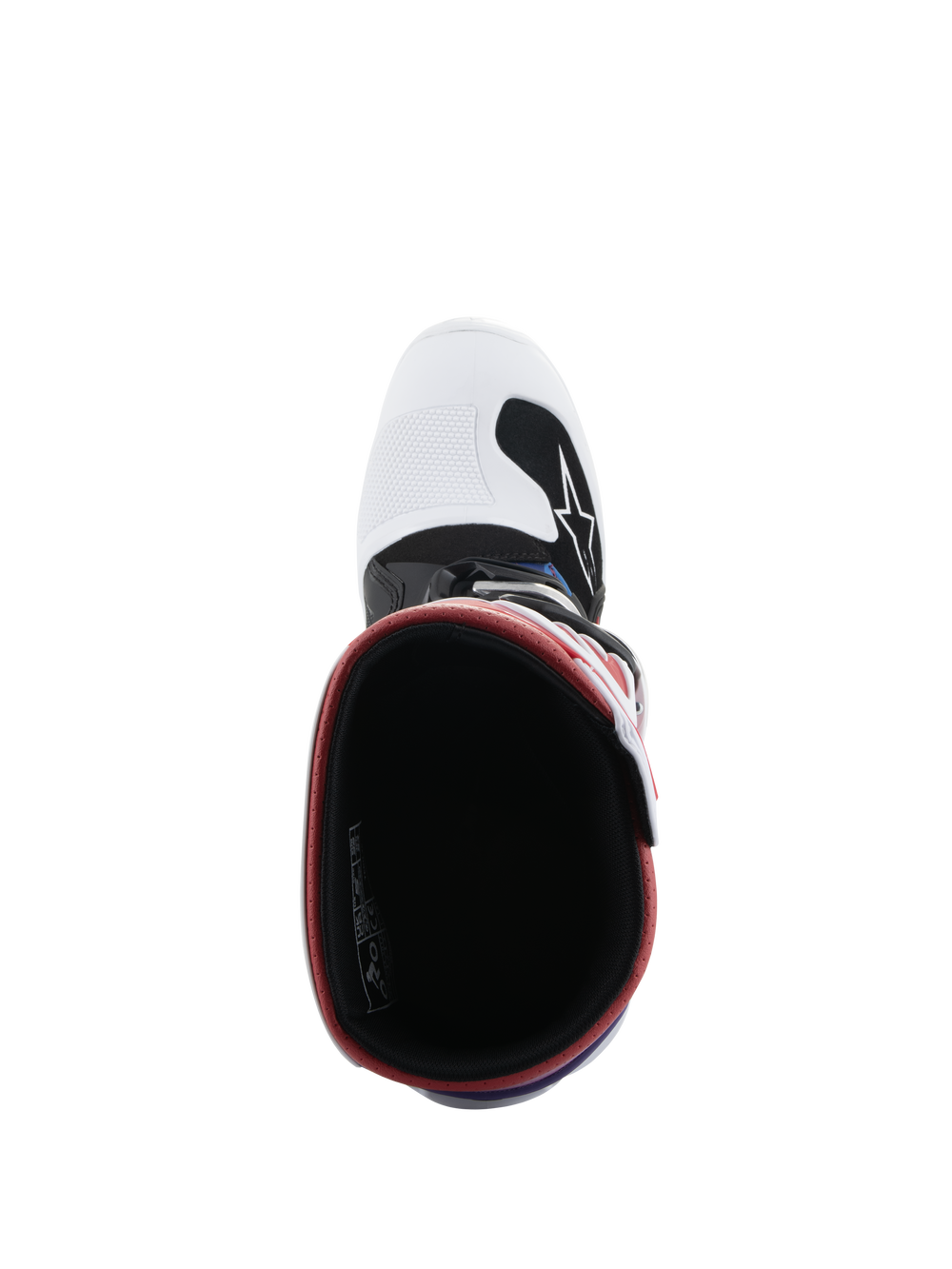 Alpinestars Youth Tech 7S Boots, Motocross Boots, White Black Rainbow, top-down view looking into the boot, black interior with red rim, white toe box with black Alpinestars logo