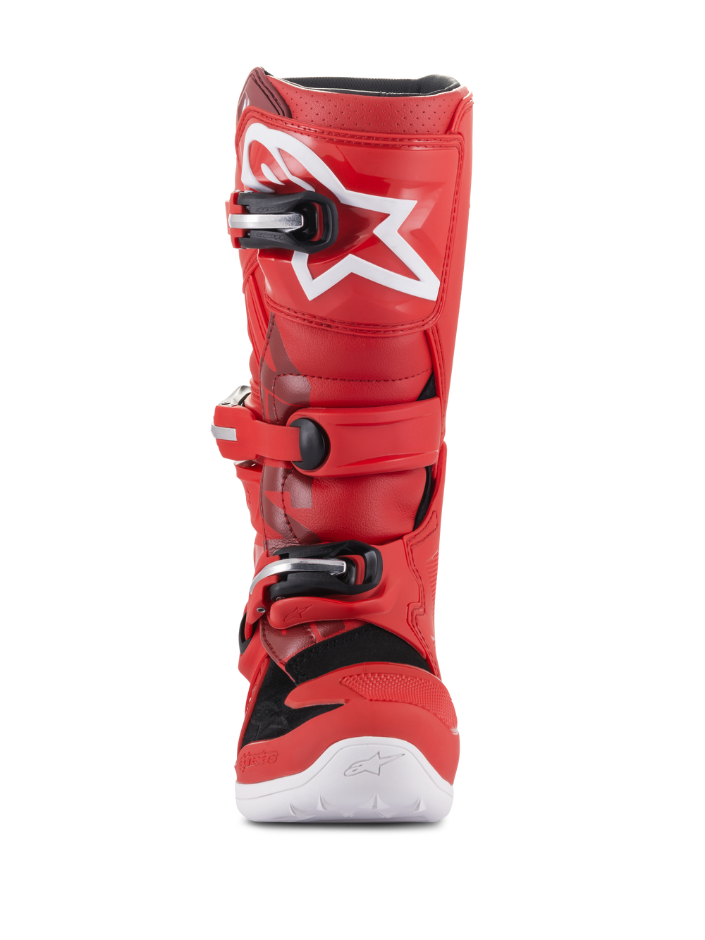 Alpinestars Youth Tech 7S Boots, Youth Motocross Boots, Red, featuring white star logo on the shin, black and silver buckle system, white sole, durable construction for off-road riding, front view