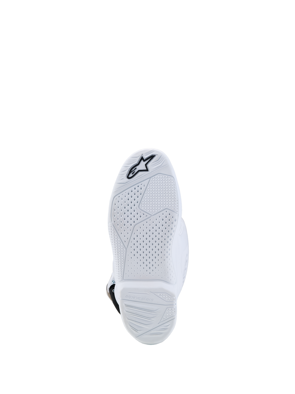 Alpinestars Youth Tech 7S Boots, white motocross racing boots, durable compound sole with textured grip and logo.