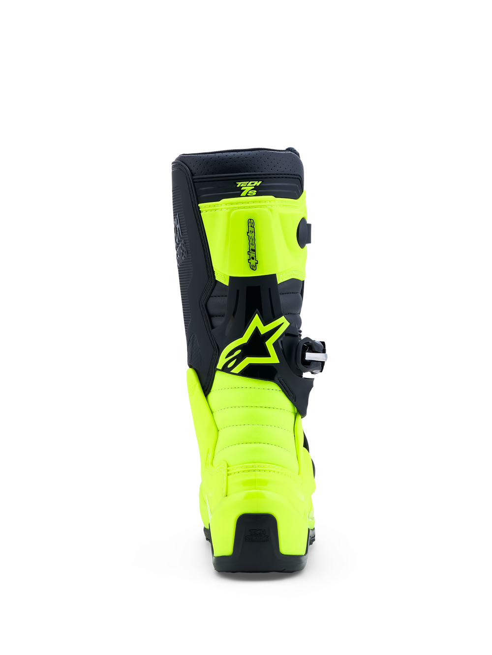 Alpinestars Youth Tech 7S Motocross Boots, rear view in Yellow Fluo and Black with protective TPU panels and Astar logo.