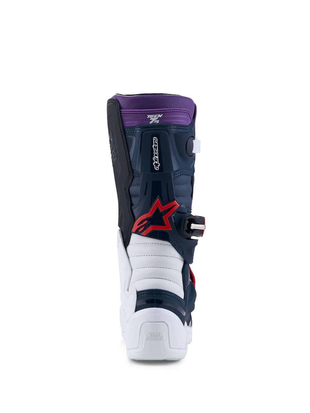 Alpinestars Youth Tech 7S Boots, motocross gear for junior riders, dark blue and white with red accents, CE certified.