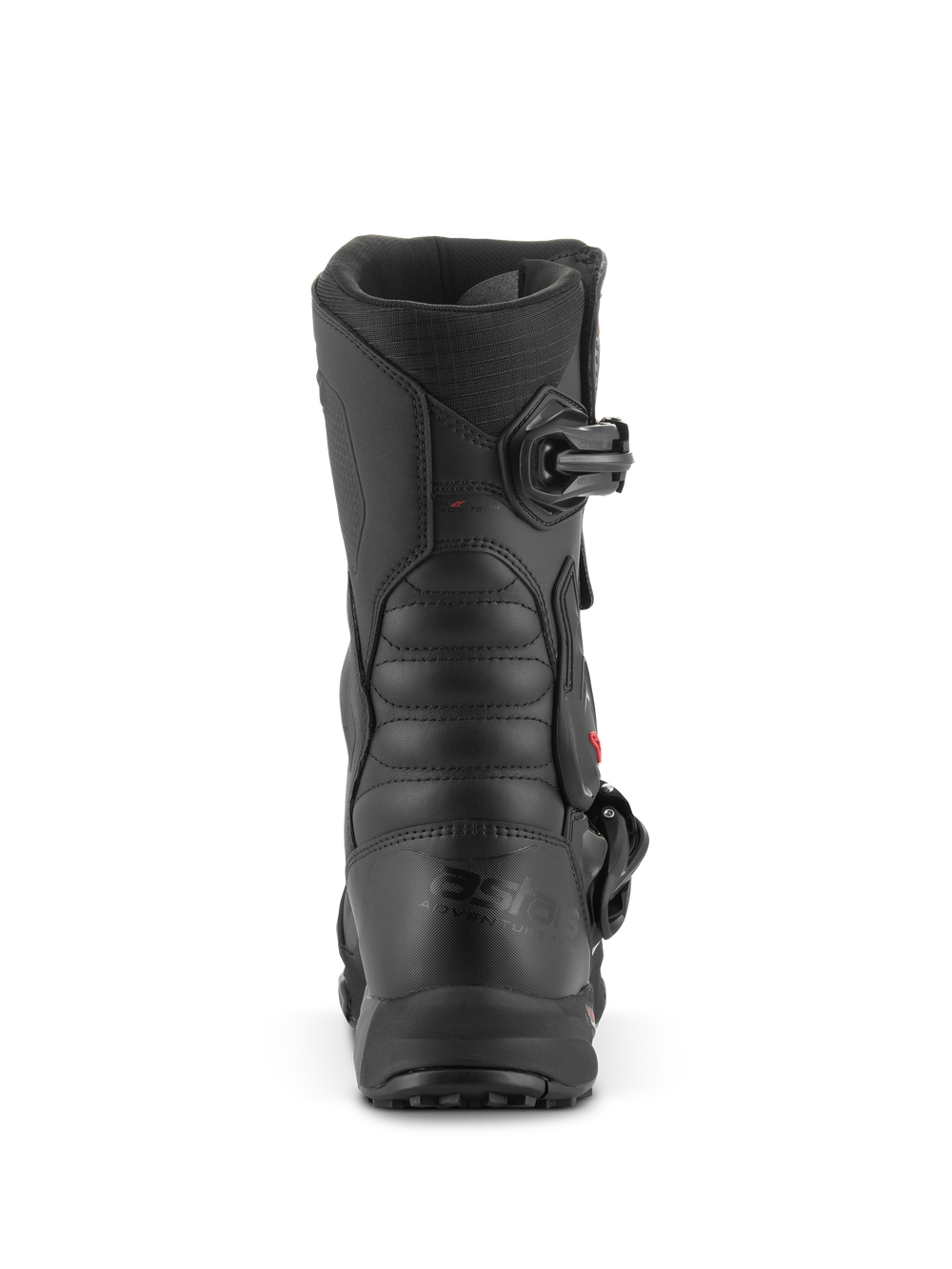 Alpinestars XT-8 GORE-TEX Boots, Adventure Enduro Motorcycle Boots, Black Black, Rear view highlighting the heel and shaft, featuring ribbed flex panels for movement and buckle closure, durable waterproof design