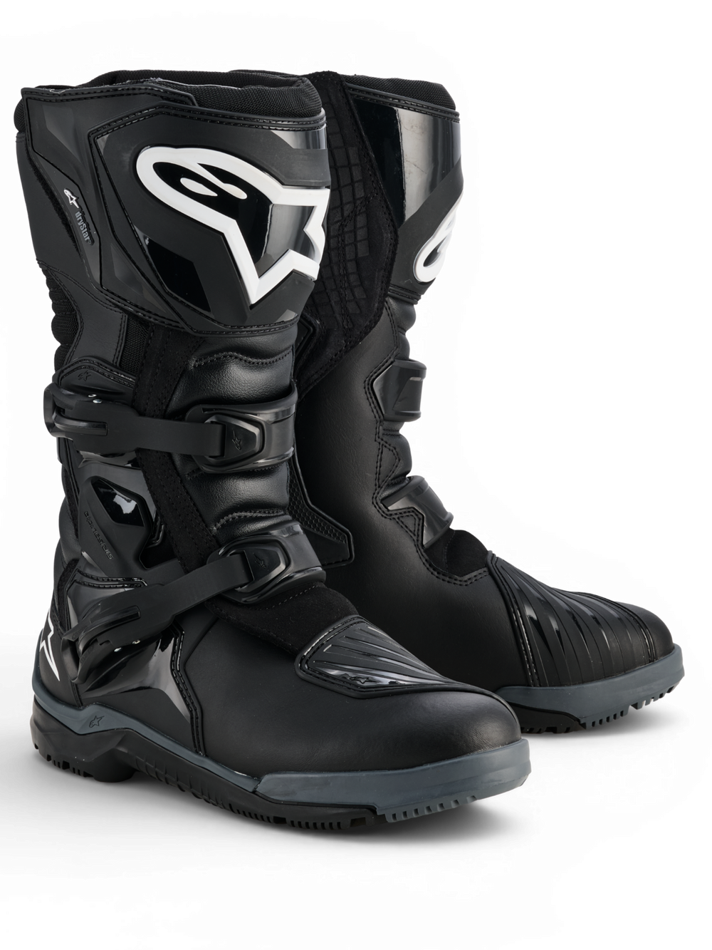 Alpinestars Corozal V2 Adventure Drystar® Boots, black waterproof adventure motorcycle boots with protective TPU shin plates, lateral ankle protection, adjustable buckles and rugged all-terrain soles, product pair shown.