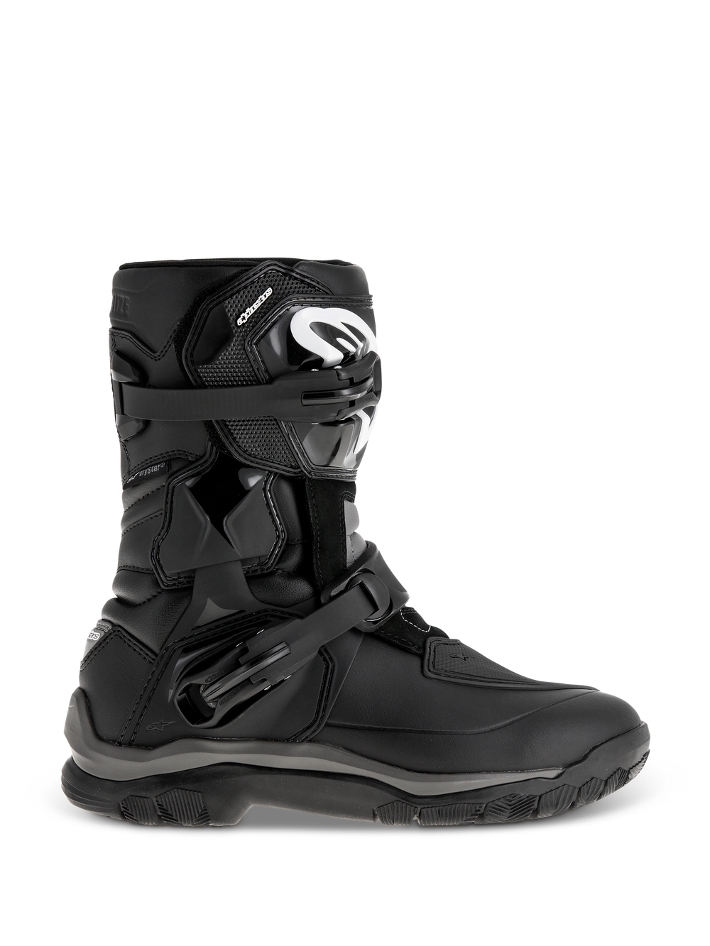 Alpinestars Belize Drystar Boots, Black Adventure Touring Boots, featuring a mid-height design with dual adjustable buckles, rugged textured outsole for grip, reinforced protection panels, white logo on the shin, waterproof motorcycle footwear