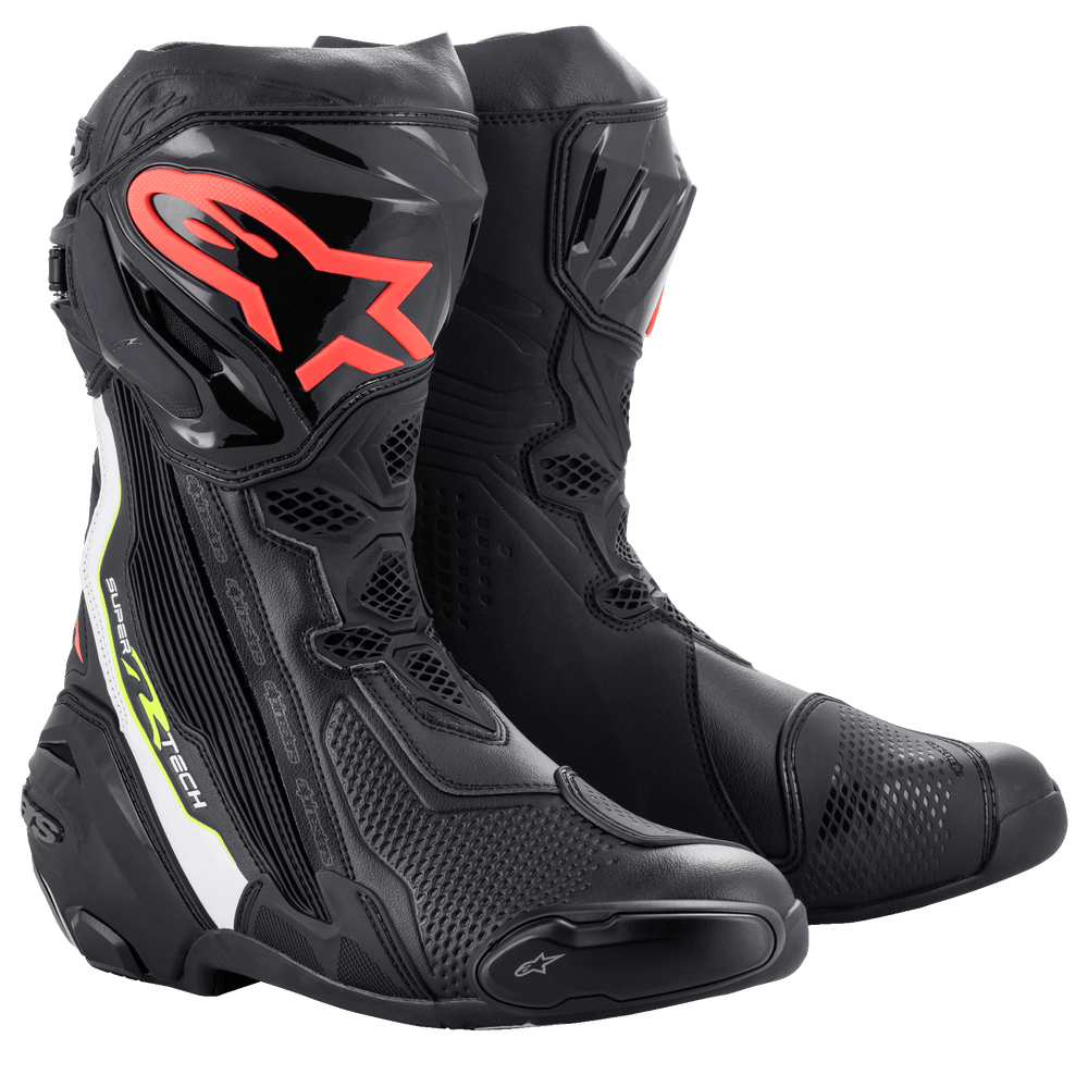 Alpinestars Supertech R Boots, performance motorcycle racing boots, black with red Alpinestars logo on the shin, white and fluorescent yellow accents, featuring technical microfiber construction and protective TPU shin plates.