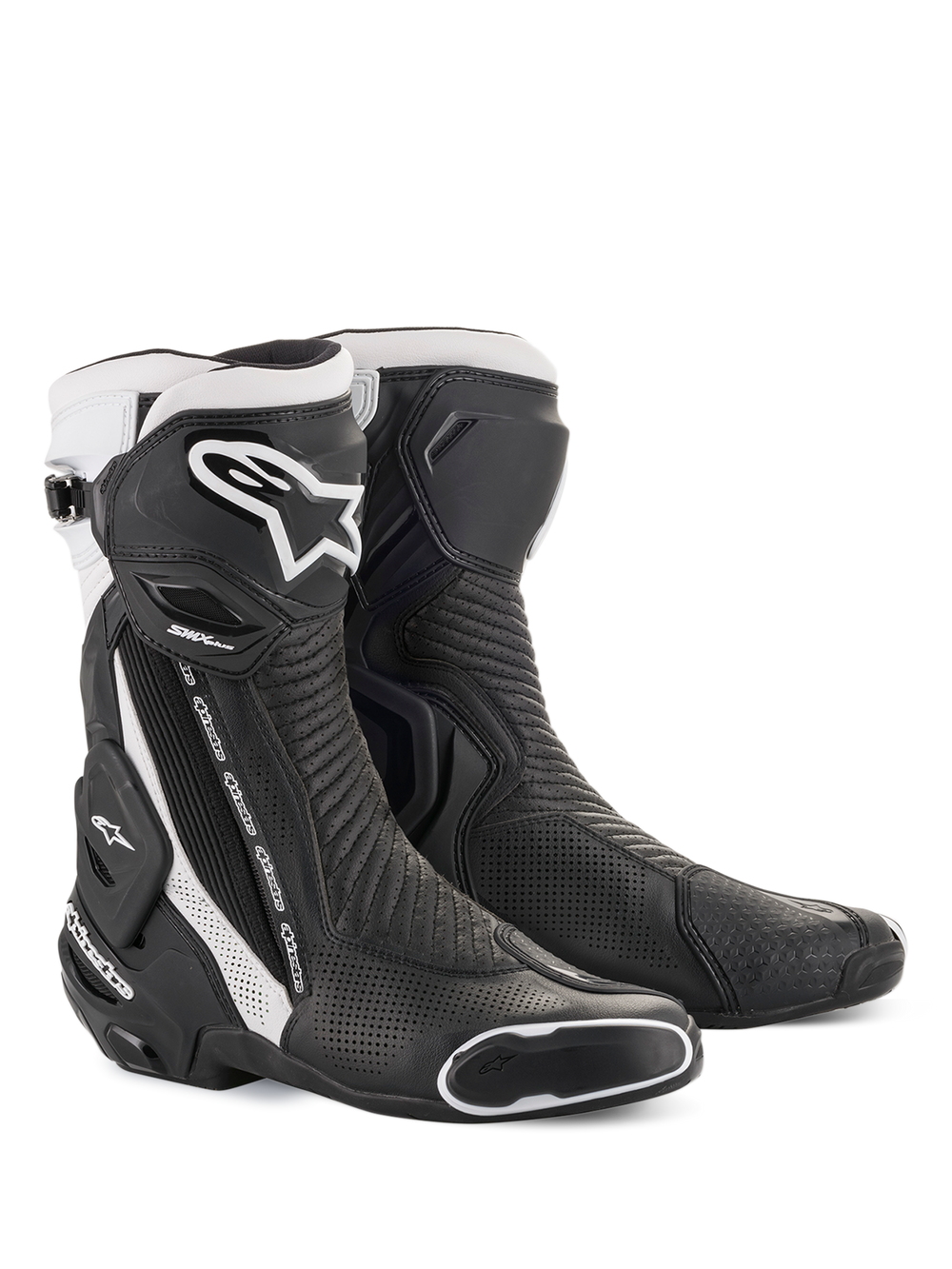 Alpinestars SMX Plus V2 Vented Boots, Black and White Men's racing boots with protective microfiber and CE certification.