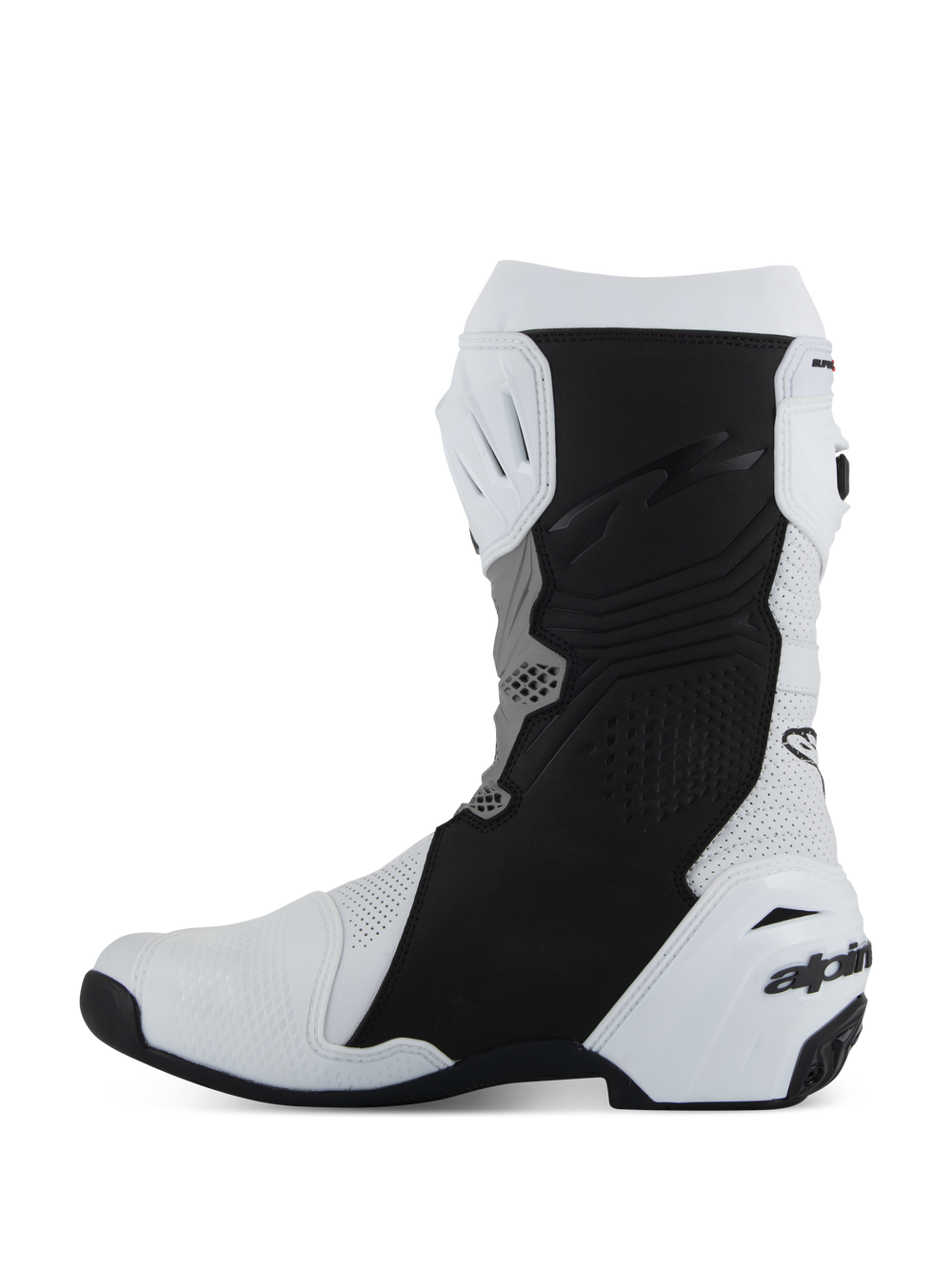 Alpinestars Supertech R Vented Boots, Racing/Sport Motorcycle Footwear, White Mid Gray and Black, side profile view of the medial side featuring perforated microfiber for airflow, black protective grip panels, and white TPU heel counter with branding.