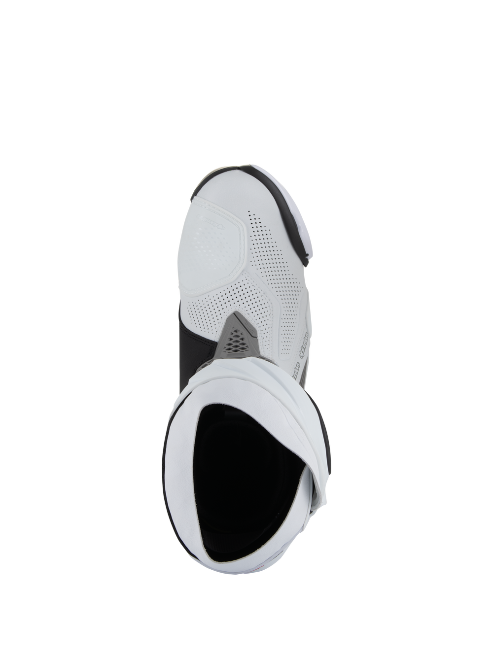 Alpinestars Supertech R Vented Boots, Motorcycle Racing Boots, White Mid Gray and Black, top-down bird's-eye view looking into the boot opening, featuring perforated microfiber construction and sleek racing design