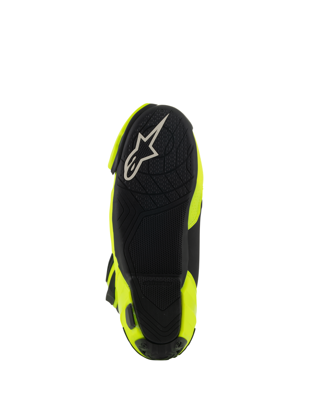 Alpinestars Supertech R Vented Boots, bottom view showing the black rubber sole, textured grip pattern for footpegs, white A-star logo, Yellow Fluo and Black racing motorcycle boot