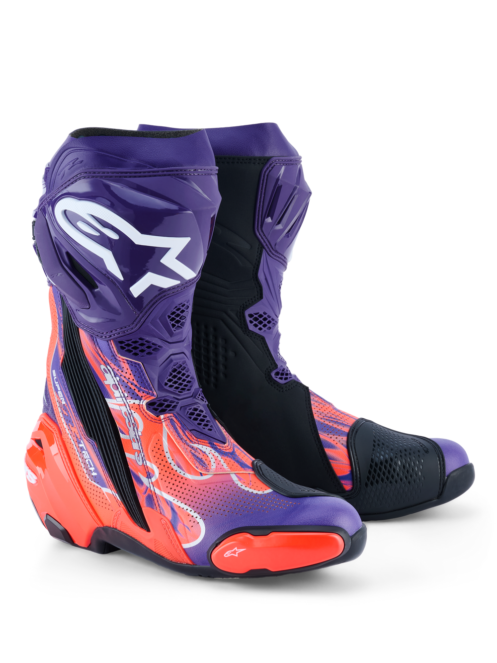 Alpinestars Supertech R Limited Edition Flyte Vented Boots, Motorcycle Racing Boots, Purple Red and Black, featuring dynamic red flame graphics, white Alpinestars logo on the shin, and perforated microfiber construction for high-speed track performance