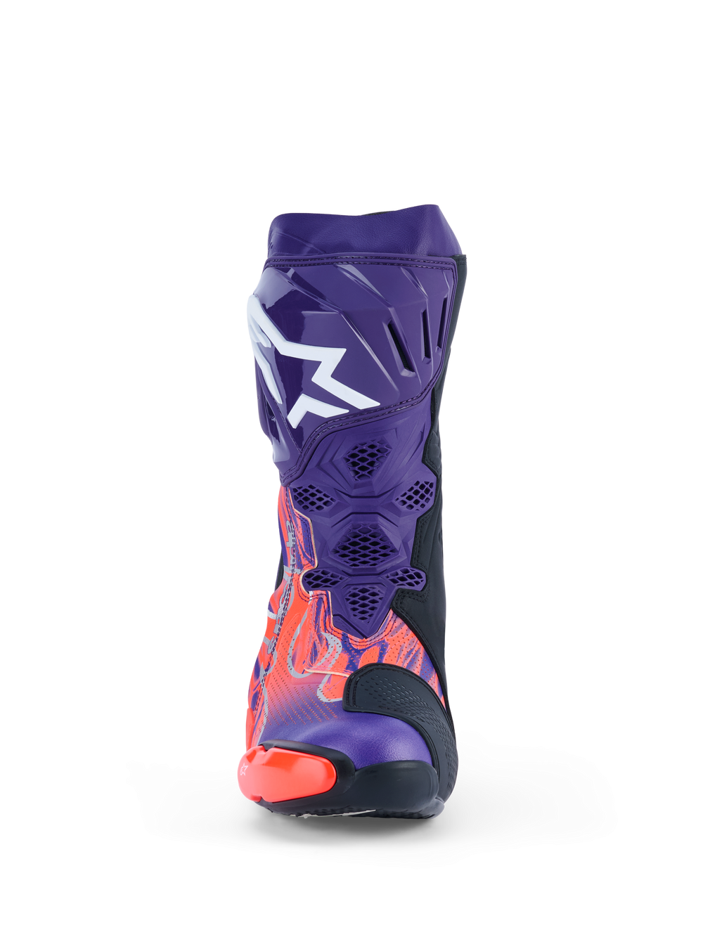 Alpinestars Supertech R Limited Edition Flyte Vented Boots, Motorcycle Racing Boots, Purple Red and Black, front view, featuring vibrant purple and orange graphics, white Alpinestars logo on the shin plate, red toe slider, and ventilated mesh sections
