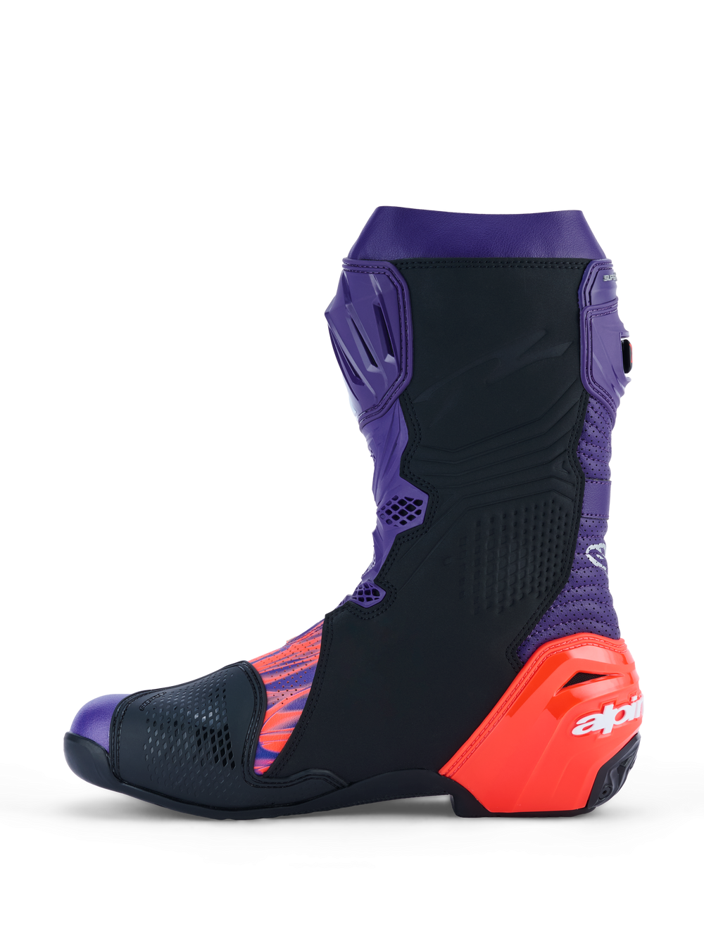 Alpinestars Supertech R Limited Edition Flyte Vented Boots, Racing Motorcycle Boots, Purple Red and Black, side profile view featuring perforated microfiber and bright red heel slider, sleek aerodynamic design for track and sport riding