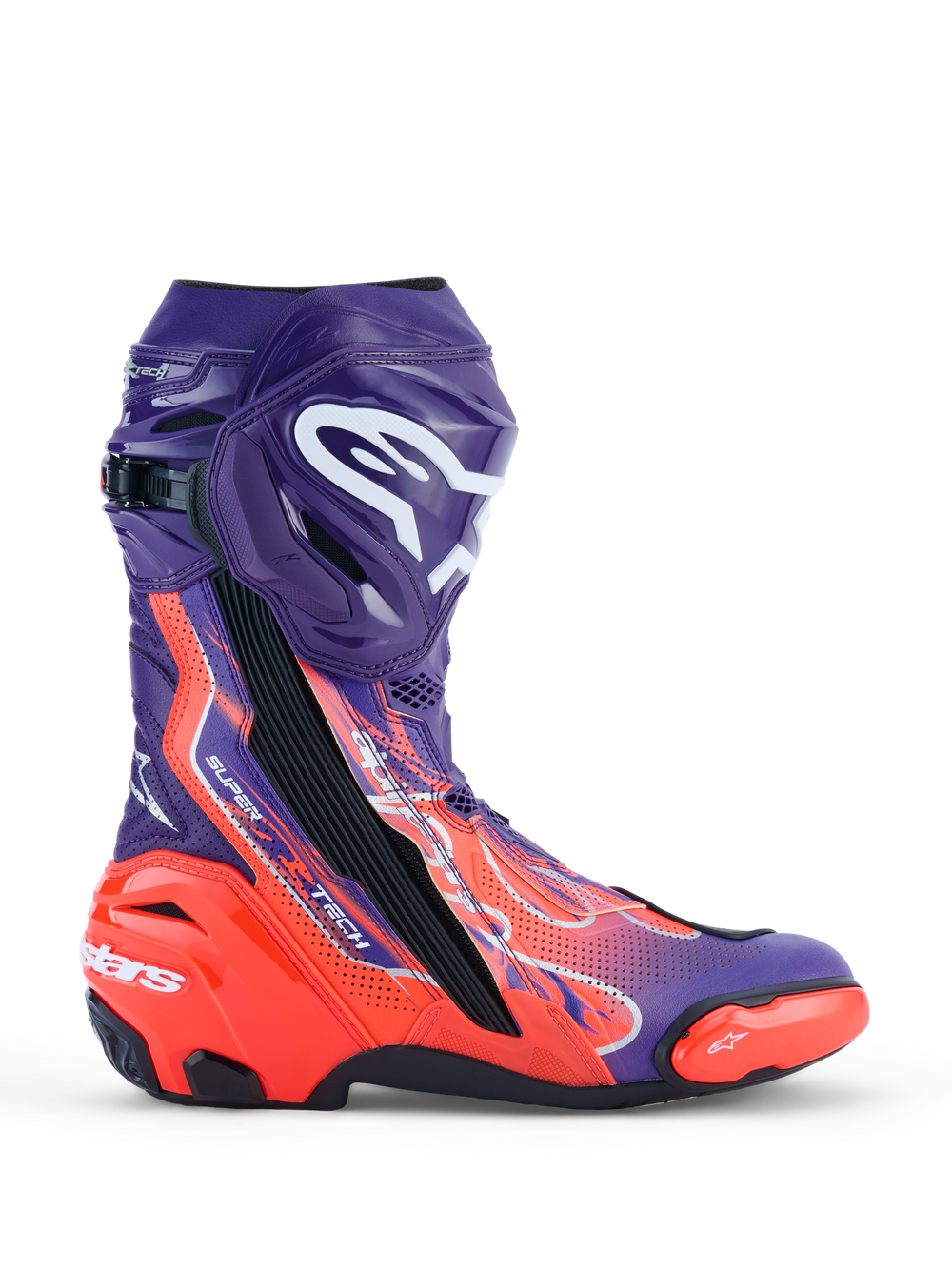 Alpinestars Supertech R Limited Edition Flyte Vented Boots, Motorcycle Racing Boots, Purple and Red, featuring perforated synthetic microfiber construction, TPU shin plate with white logo, red reinforced heel and toe sliders, sleek aerodynamic profile with vibrant racing graphics