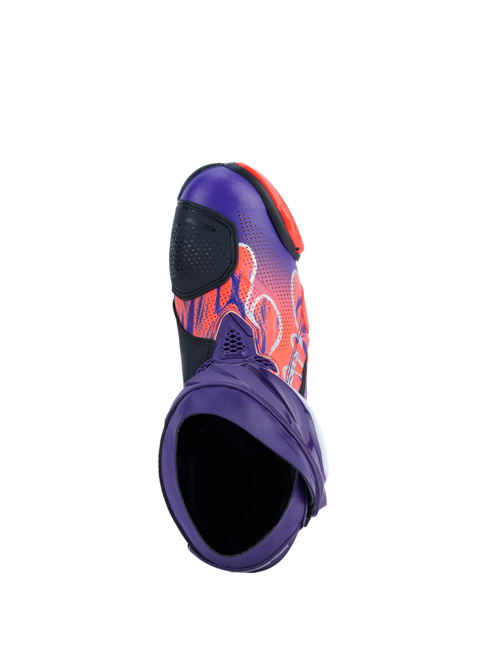 Alpinestars Supertech R Limited Edition Flyte Vented Boots, Motorcycle Racing Boots, Purple Red and Black, top-down view showing boot opening and ventilated toe area with orange and red graphics