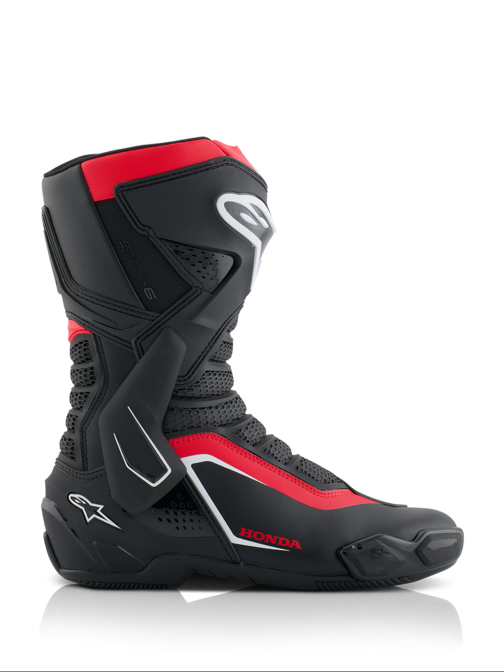 Alpinestars Honda SMX-6 V3 Boots, Performance Riding Boots, Black Bright Red and White, side view featuring microfiber construction with TPU protection, lateral ankle brace, and Honda branding, professional motorcycle racing and road gear