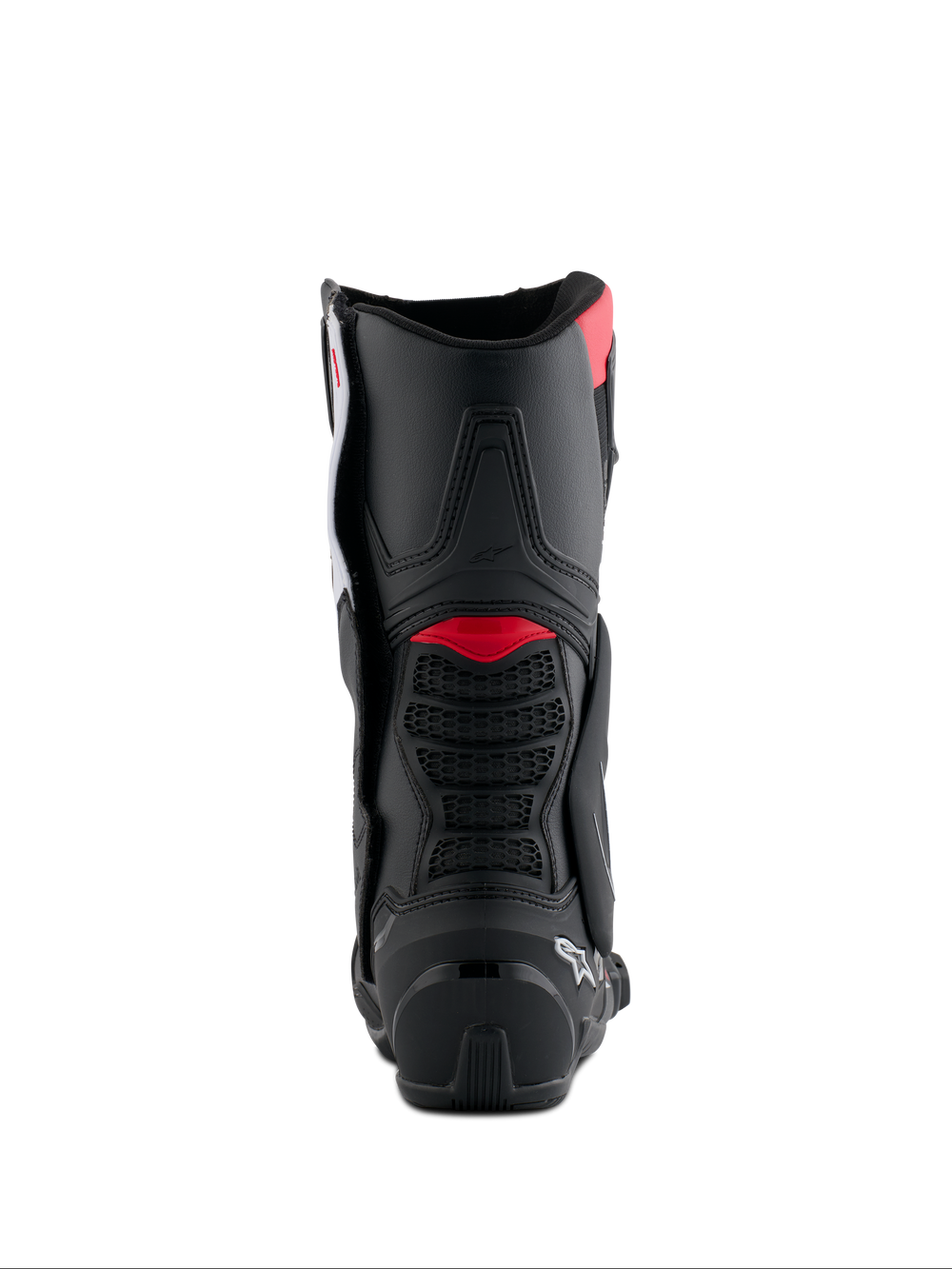 Alpinestars Honda SMX-6 V3 Boots, Rear view, Black with Bright Red and White accents, performance motorcycle boots featuring TPU back calf protection and ventilation details