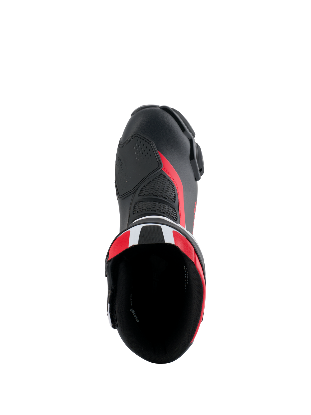 Alpinestars Honda SMX-6 V3 Boots, Performance Motorcycle Boots, Black Bright Red and White, top-down view looking into the boot opening, featuring microfiber upper with mesh detailing and red accents, sleek aerodynamic design for track and street riding