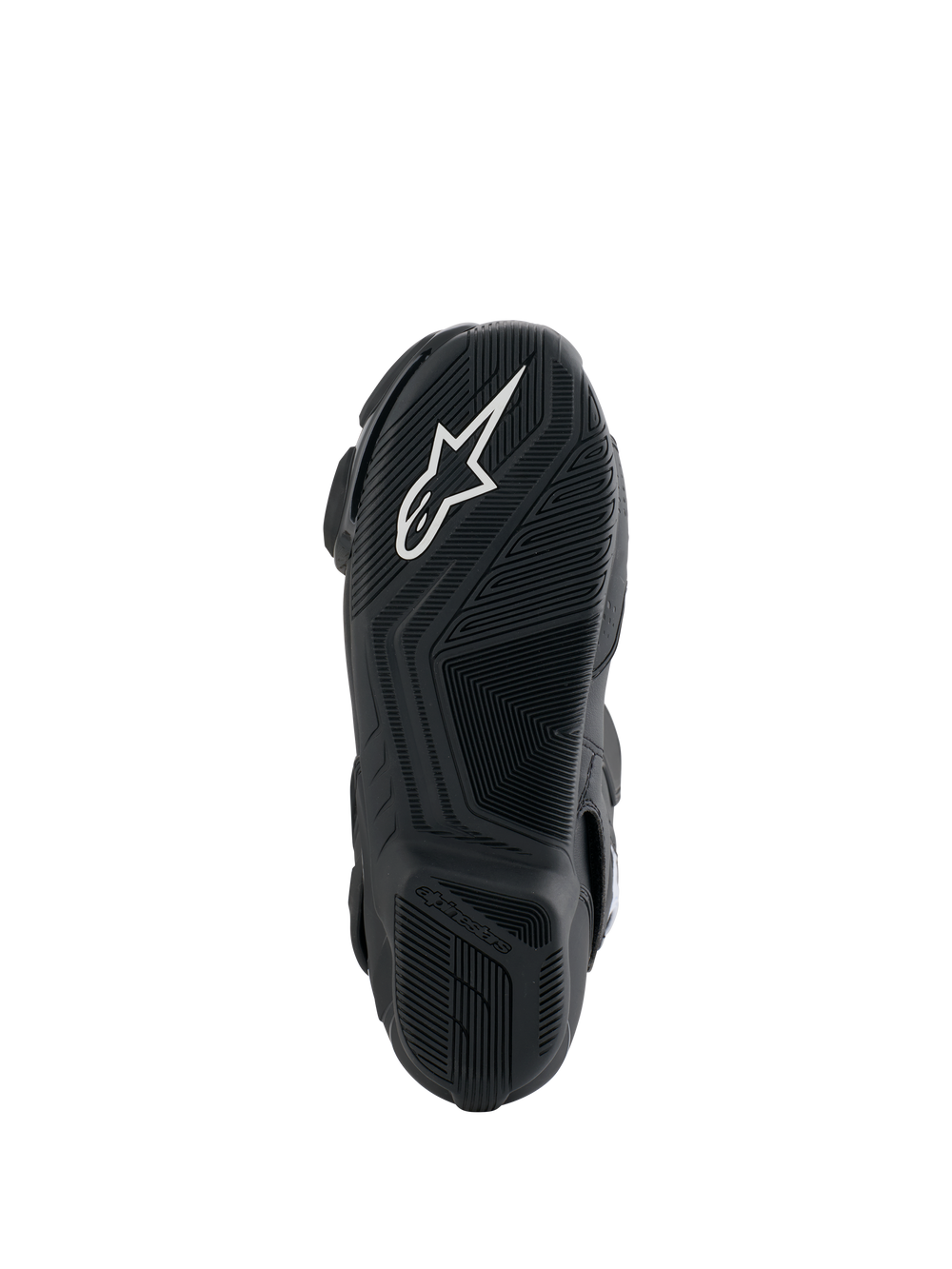 Alpinestars Honda SMX-6 V3 Boots, sole view, black rubber outsole with white Alpinestars logo, textured grip design for precision on motorcycle controls
